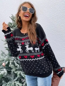 SHEIN LUNE Women's Oversized Reindeer Pattern Drop Shoulder Long Sleeve Sweater, Autumn/Winter - Black - View 5
