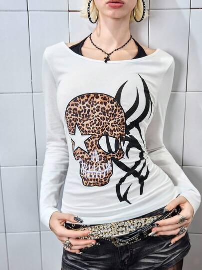 J-Fashion Y2K Vintage Leopard Skull & Star Print Women Kpop Tight Fit Short Sleeve T-Shirt