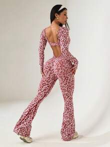 Dewbera Fashionable Sexy Leopard Print Long Sleeve Backless Flared Jumpsuit Leopard Jumpsuit Flared Leggings Set - Red - View 3