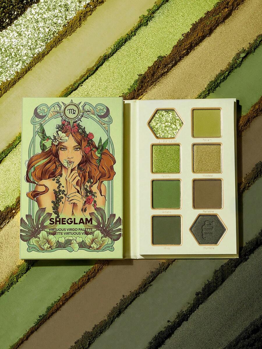 SHEGLAM Virtuous Virgo Palette 8 色閃光霧面眼影盤綠金閃亮亮片高色素持久可混合專業眼影夏季眼影 品牌 美容 化妝 化妝品 適合女性與女孩 完美搭配夏季春季 Y2K 時尚 流行 生日 母親節禮物 假期 派對準備就緒 最佳顏色