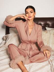 Slumberist 女士网纱拼接缎面睡衣套装，秋季服装，舒适优雅细节，冬季 - 駝色 - 查看 4