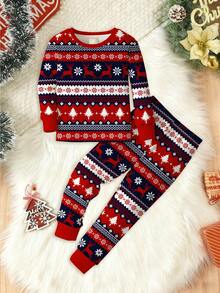 SHEIN Baby Boy Christmas Pajama Set,Cute Red And White Striped Reindeer Fair Isle Pattern Cozy Long Sleeve Top&Pants Snug Fit Lounge Pajamas For Autumn - Multicolor - View 1