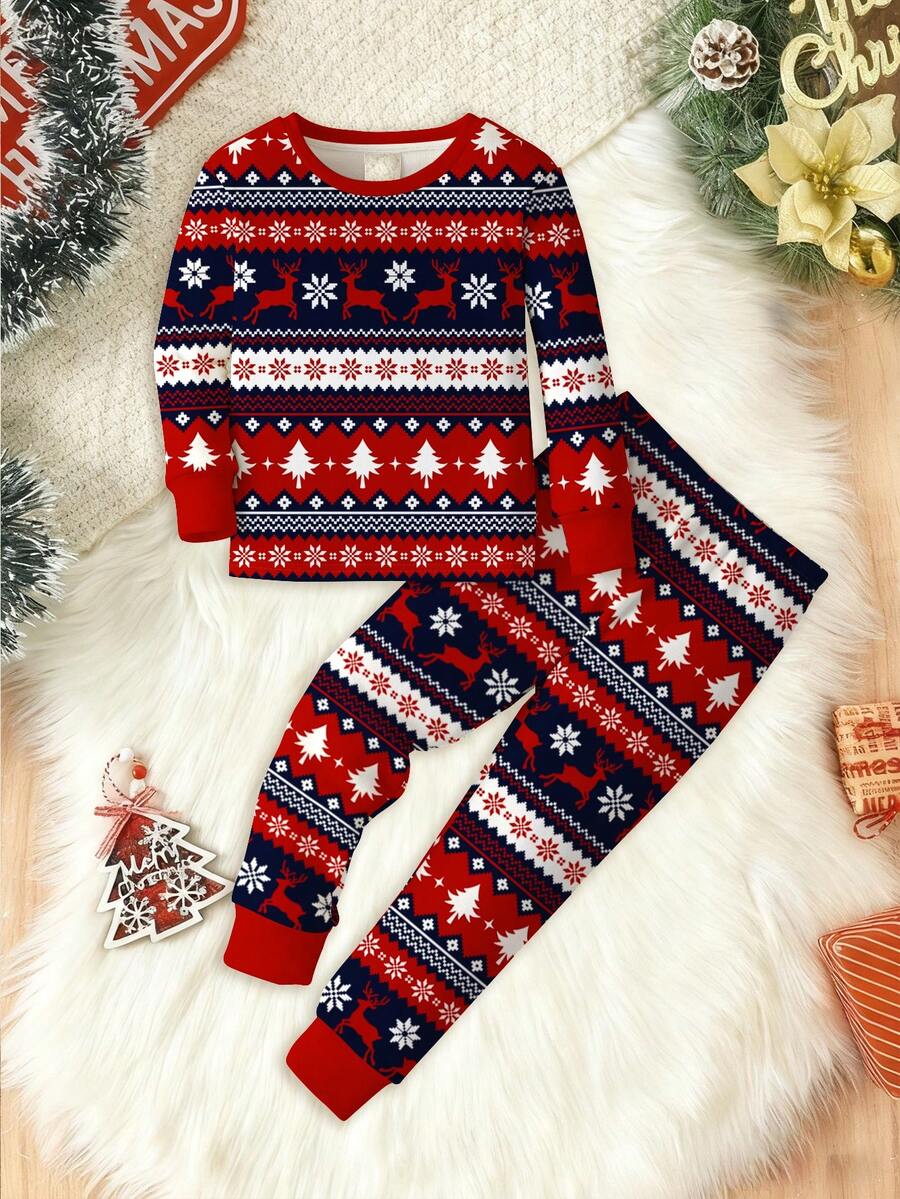 SHEIN Baby Boy Christmas Pajama Set,Cute Red And White Striped Reindeer Fair Isle Pattern Cozy Long Sleeve Top&Pants Snug Fit Lounge Pajamas For Autumn - Multicolor - View 1