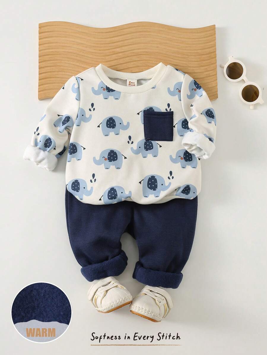 Cozy Pixies 2件套男婴卡通大象图案针织柔软圆领长袖套头卫衣和松紧腰裤套装 - 藍色 - 查看 1