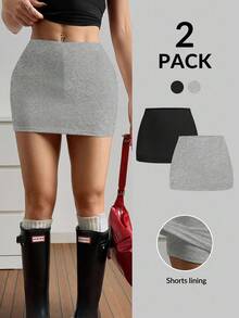 SHEIN EZwear 女士灰色和黑色迷你紧身裙套装 2 件装 休闲针织面料纯色半身裙 迷你低腰半身裙 运动半身裙 女士短裙 灰色半身裙 - 灰色 - 查看 3