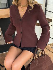 Siren Gaze Cardigan boutonnée de couleur unie décontracté, automne/hiver - Tabac - Voir 2