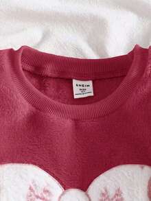 两件套女童红色毛绒卫衣和蝴蝶印花长袖裤休闲柔软睡衣套装，适合秋冬季穿着 - 藕粉色 - 查看 3