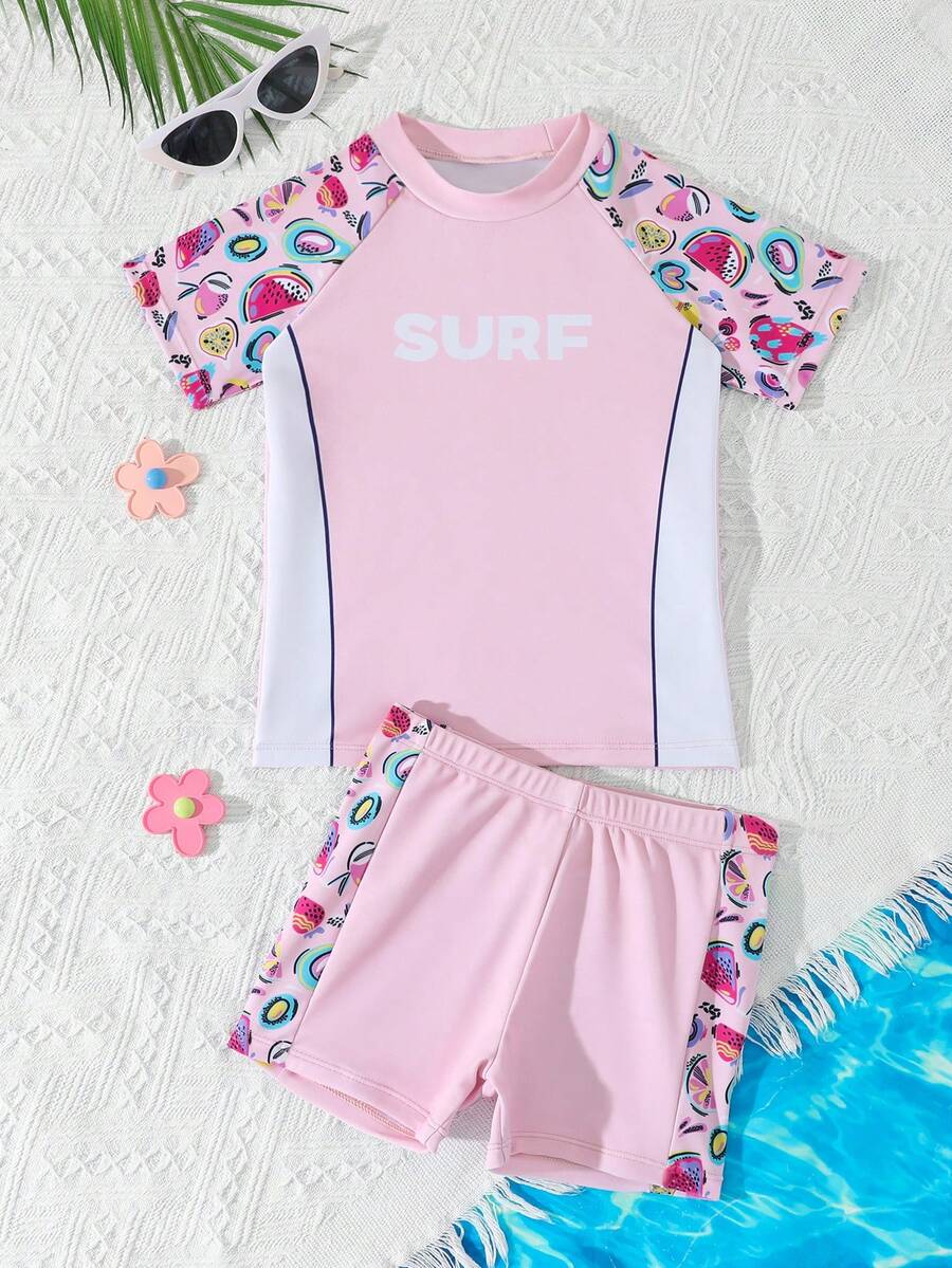 Conjunto de bikini de bloques de color para niñas, adecuado para vacaciones y playa. Camiseta de protección solar para niñas junior - Multicolor - Ver 1