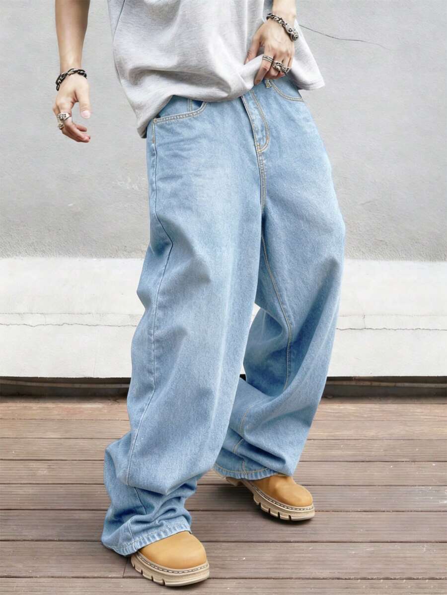 STEELVANCE 男士宽松口袋阔腿休闲百搭牛仔裤 - 淺色水洗藍 - 查看 1