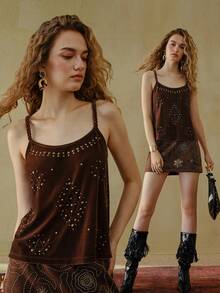 MOTF STUDIO HANDMADE WOVEN STRAP METAL RIVET STRAP CAMI TOP - Coffee Brown - View 9