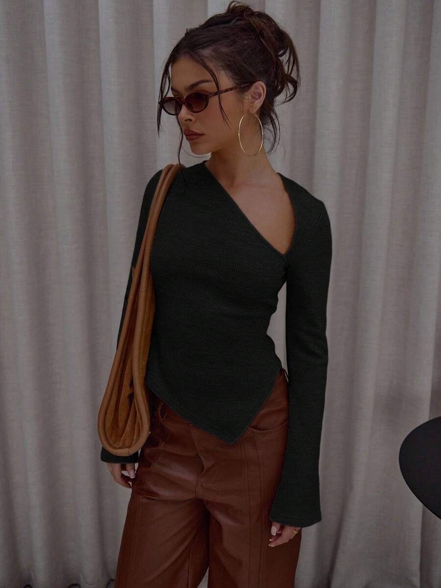 MUSERA Asymmetric Hem Cut Out Long Sleeve Knit Top Cute Classy Casual Streetwear Sexy Going Out Fall Autumn Toffee Evening Party Elegant Winter New Year Spring Sweater - Black - View 1