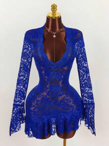 Amplova 夏季嬉皮风格女士透明低胸迷你连衣裙 - 寶藍色 - 查看 4