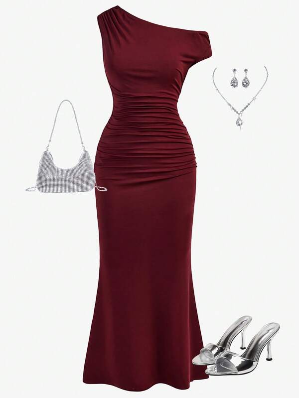 Girlism Vestido elegante de fiesta con hombro asimétrico, volantes y bajo de sirena para adolescentes