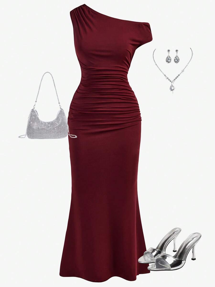 Girlism Elegant Ruffle Mermaid Hem Asymmetric Shoulder Club Party Dress For Teen Girls