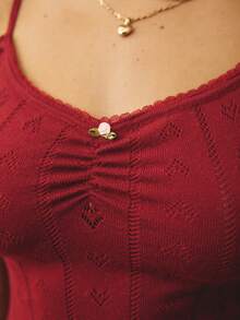 Aralina 女士针织褶皱前襟荷叶边心形镂空细节吊带睡裙，圣诞节和情人节可爱睡衣 - 紅色 - 查看 4