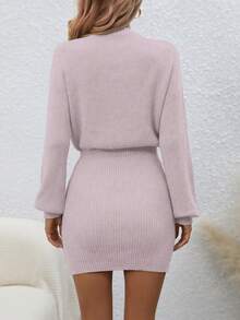 EMERY ROSE Women's Solid Color Round Neck Drop Shoulder Long Sleeve Casual Knit Dress, Autumn/Winter - Dusty Pink - View 2