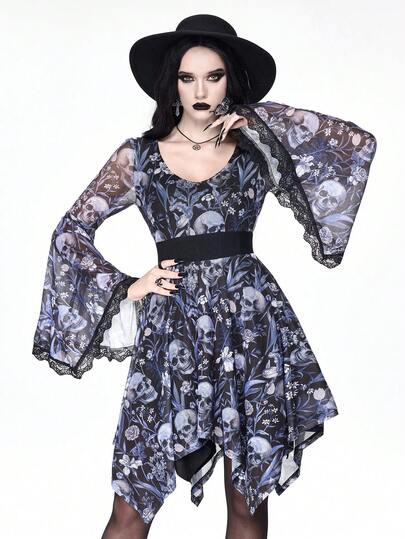 Goth Vestido con mangas acampanadas, dobladillo asimétrico, encaje de contraste y estampado de calavera y hierbas en estilo gótico oscuro