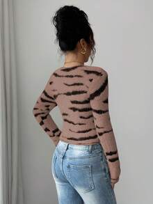SHEIN Elenzya Women's V-Neck Zebra Jacquard Fitted Sweater - Coffee Brown - View 2