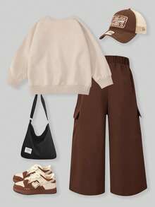 SHEIN ChillGRL 2件套女童休闲时尚纽约图案圆领长袖卫衣和阔腿裤，秋冬季 - 彩色 - 查看 2