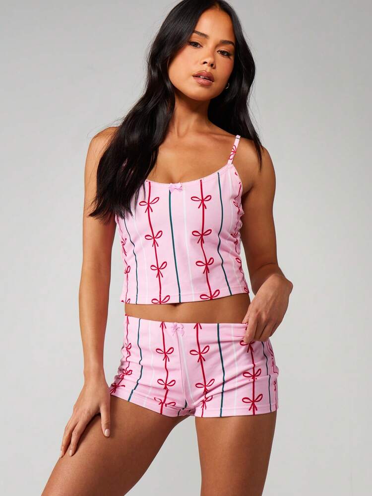 MISSGUIDED Bow Print Camisole Christmas Pajama Set For Women - Sleepwear Lounge Shorts And Top Nightwear Comfortable Sleep Set