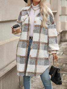 SHEIN PETITE PETITE Women's Autumn/Winter Long Sleeve Double Pocket Plaid Fluffy Jacket - Multicolor - View 5