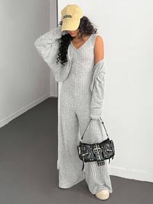 2pcs/Set Teen Girl Casual Cardigan + Jumpsuit, Versatile Cardigan And Stylish Jumpsuit, Refreshing And Fashionable Outfit For Daily And Outdoor Wear, Youthful And Energetic Look, Autumn/Winter