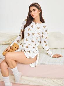 Bonmuse 2 pièces Ensemble de vêtements de nuit femme confortable avec imprimé ours creux, manches longues - Haut col rond + Short fendu sur le côté, tenue d'intérieur, vêtements d'automne - Blanc - Voir 3