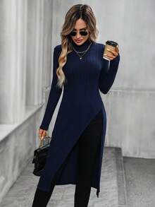 EMERY ROSE Áo thun nữ cổ tròn tay dài màu trơn xẻ tà, viền bên hông, dáng rộng thoải mái - Xanh đậm - Xem 5