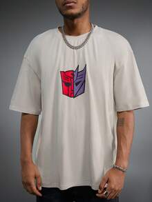 Transformers X SHEIN 男士休闲日常通勤时尚街头卡通机器人印花宽松短袖T恤，夏季 - 卡其色 - 查看 2