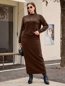 Easura Plus Size Women Solid Color Casual Crew Neck Drop Shoulder Sweater And Knit Midi Skirt Set - Brown - View 5