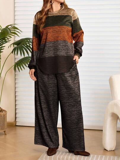 EMERY ROSE 2pcs Plus Size Women Fall/Winter Country  Casual Vacation Round Neck Long Sleeve Color Block Striped Print Sweatshirt Top And Pants Two Pieces Set With Pockets, Autumn/Winter,Going Out Outfits,2025 New Clothes,Simple And Fashionable For Everyday Wear, Plus Size Winter Clothes, Christmas Outfit For Women ,New Year Clothes,Winter Clothes For Women,Thanksgiving Outfit For Women,2 Piece Lounge Sets Woman, Two Piece Set Women Comfy,Comfortable And Breathable,Plus Size Winter Clothes, Modest Two Piece Set, Comfortable Two Piece Set, Modest Sets For Women, Wide Leg Pants Set
