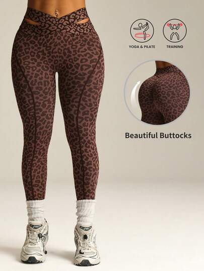 Rhythm Era 1 pieza Leggings de fitness con estampado de leopardo sexy y sin costuras con diseño cruzado en la cintura, adecuado para entrenamiento, correr, yoga para mujer de talla grande