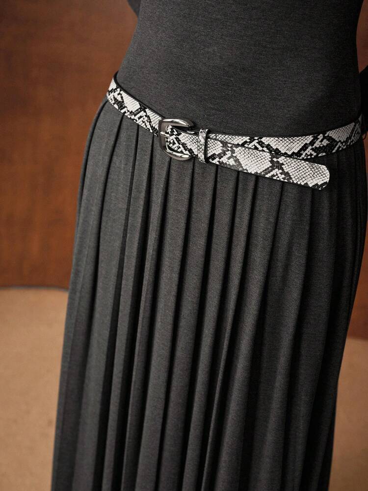 WOMEN'S AUTUMN/WINTER KNITTED ELASTIC PLEATED LONG DRESS WITH WAIST BELT