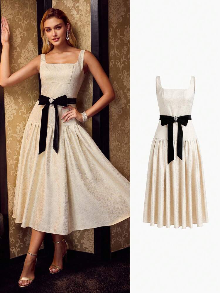 MOTF Soiréza WOMEN'S JACQUARD STRUCTURED VELVET WAIST BELT DECOR A-LINE DRESS