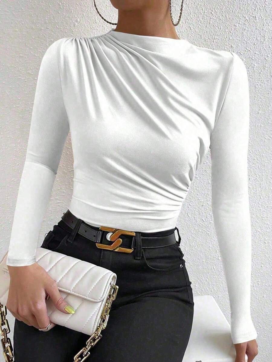 SHEIN PETITE 1件女款素色垂墜長袖立領時尚T恤,秋季女裝,適合嬌小女性 - 白色 - 查看 1