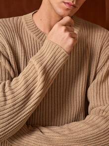 Officeau 白悦男士秋冬复古老钱风针织毛衣，宽松圆领纹理套头衫 - 卡其色 - 查看 4