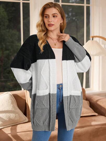 Rosumi Plus Size Texturerad Långärmad Stickad Kofta För Höst/Vinter