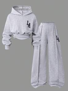 Sparklyn 女童休闲针织纯色正面图案字母印花落肩抽绳连帽衫上衣和裤子两件套 - 灰色 - 查看 3