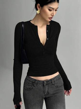 DAZY 女士半拉链长袖修身T恤