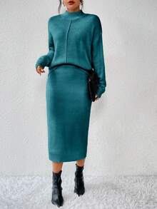 EMERY ROSE 女士纯色立领落肩长袖毛衣和针织中长裙两件套，秋冬季休闲装 - 水鴨藍 - 查看 4