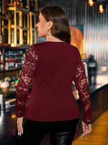 SHEIN Clasi Plus Size Women Elegant Contrast Lace Long Sleeve Rhinestone Embellished Blouse/Christmas/Winter - Burgundy - View 4