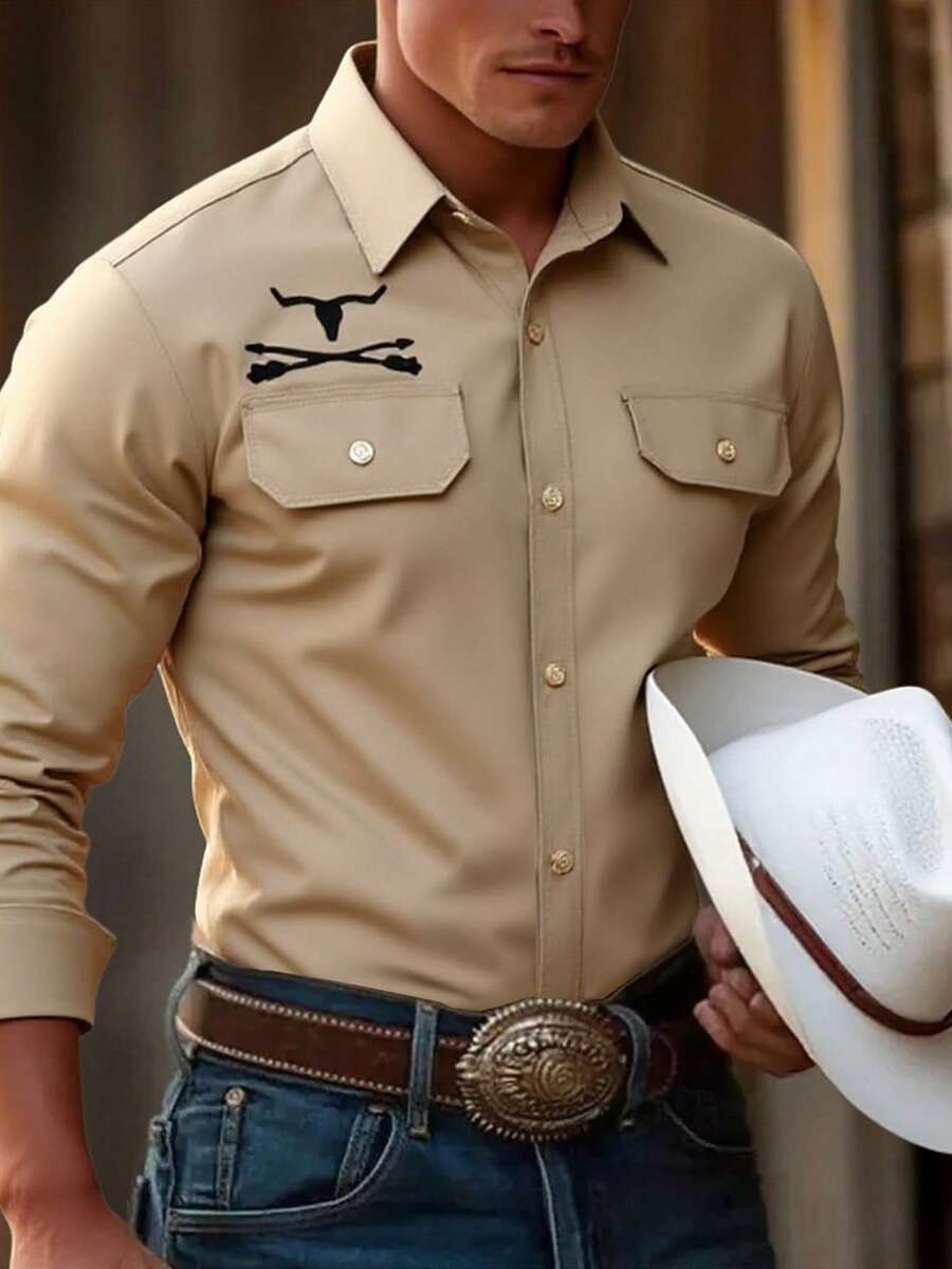 Manfinity Nomadique  Men's Western-Style Brown Loose-Fit Floral Heat-Transfer Long-Sleeve Shirt - Suitable For Halloween, Fall Casual Outings & Western-Themed Events, Also A Thoughtful Gift For Husbands/Boyfriends. - Khaki - View 1