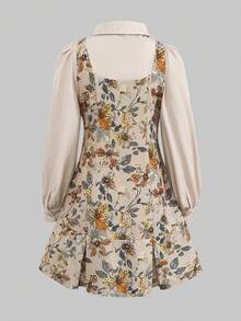 SHEIN Tween Girls' Loose Casual Minimalist Collared Patchwork Dress - Multicolor - View 4