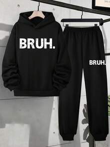 Fantacosmos 两件套男童休闲“Bruh”字母印花连帽卫衣和运动裤，美式运动简约风，秋冬款 - 黑色 - 查看 3