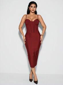 Nuvra Đầm midi dệt kim không tay dây mảnh màu trơn lãng mạn dành cho nữ - Màu đỏ tím - Xem 3