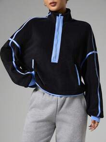 Dewbera Casual Versatile Colorblock Personalized Fleece Pocket Zipper Sweatshirt Fleece Sweatshirt Color Block Sweatshirt Half Zip Sweatshirt Blue Trim - Multicolor - View 7
