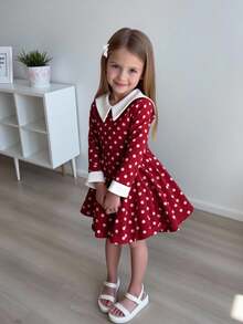 Elladie kids SHEIN KIDS ,Young Girls Clothing,Internet Girl, Girls' Casual Black Contrast Collar Waist Knit Dress, Best Christmas Gifts 2025 - Burgundy - View 3