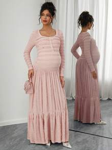 Momance Váy bầu cổ vuông tay raglan viền xếp ly kẻ sọc xếp nếp - Hồng - Xem 6