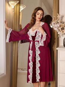 MuseNap CURVE Plus Size Lace Patchwork French Romantic Elegant Velvet Mesh Robe Set - Burgundy - View 3