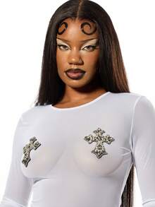 SUMWON WOMEN Long Sleeve Mesh Top With Rhinestone Cross Embellishments Fitted Crop Style For Casual Wear - White - View 5